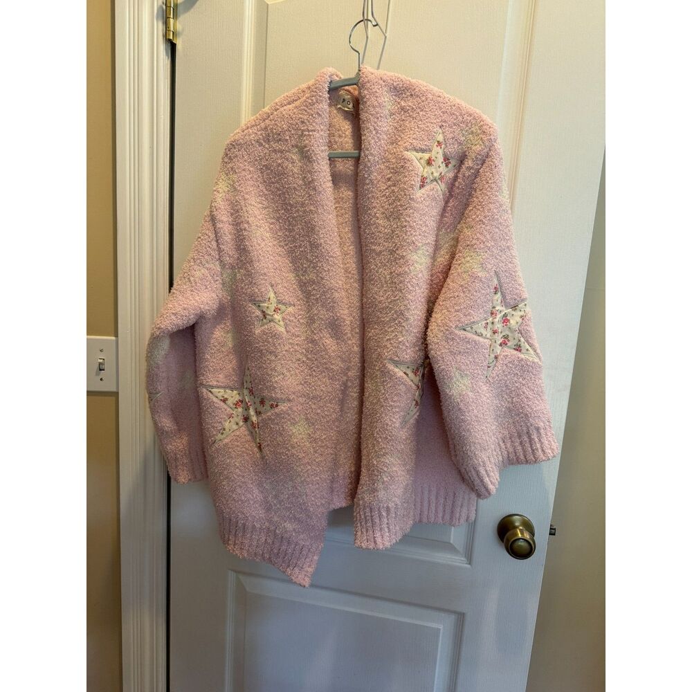 POL Pink Fuzzy Popcorn Knit Star Patch Cardigan Sweater - Size Small